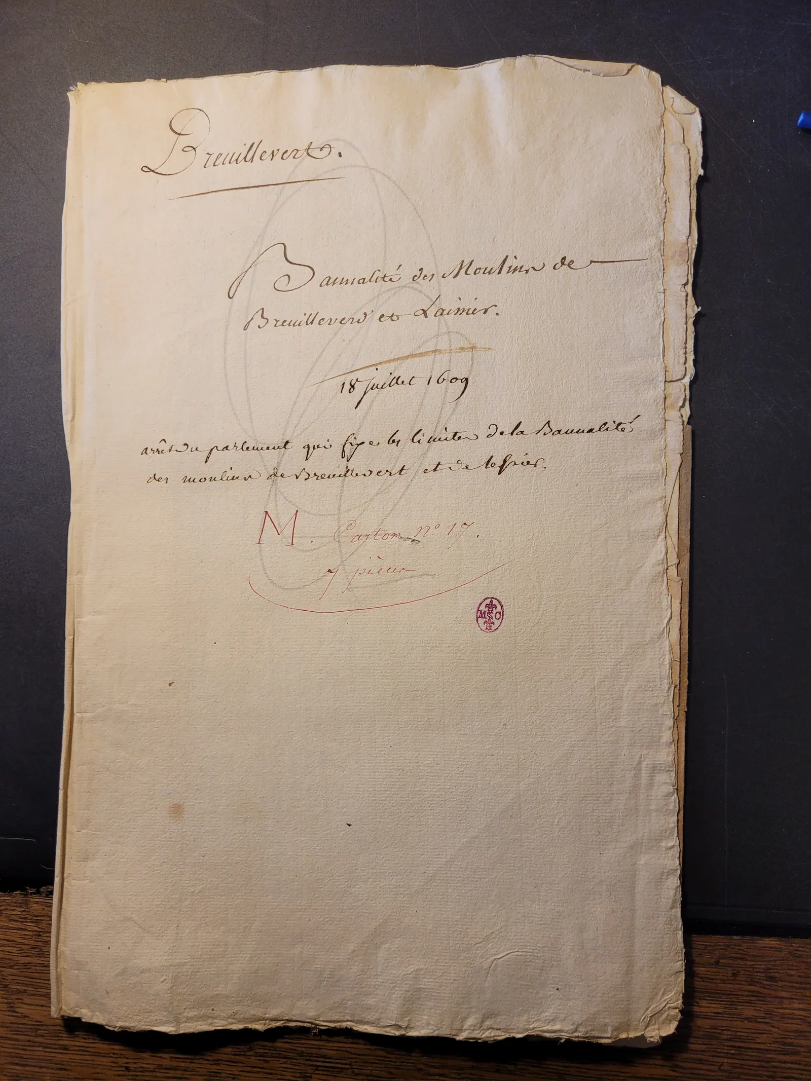Banalité du moulin de Breuil-le-Vert, 18 juillet 1609 (1/2)