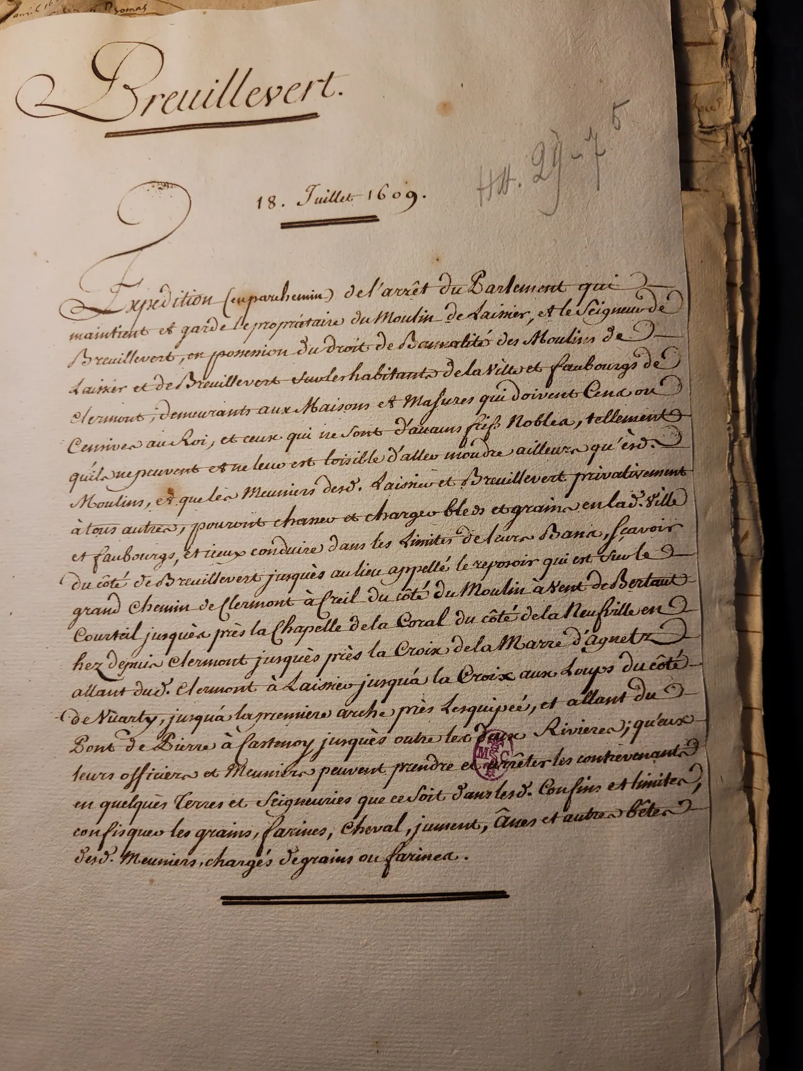 Banalité du moulin de Breuil-le-Vert, 18 juillet 1609 (2/2)