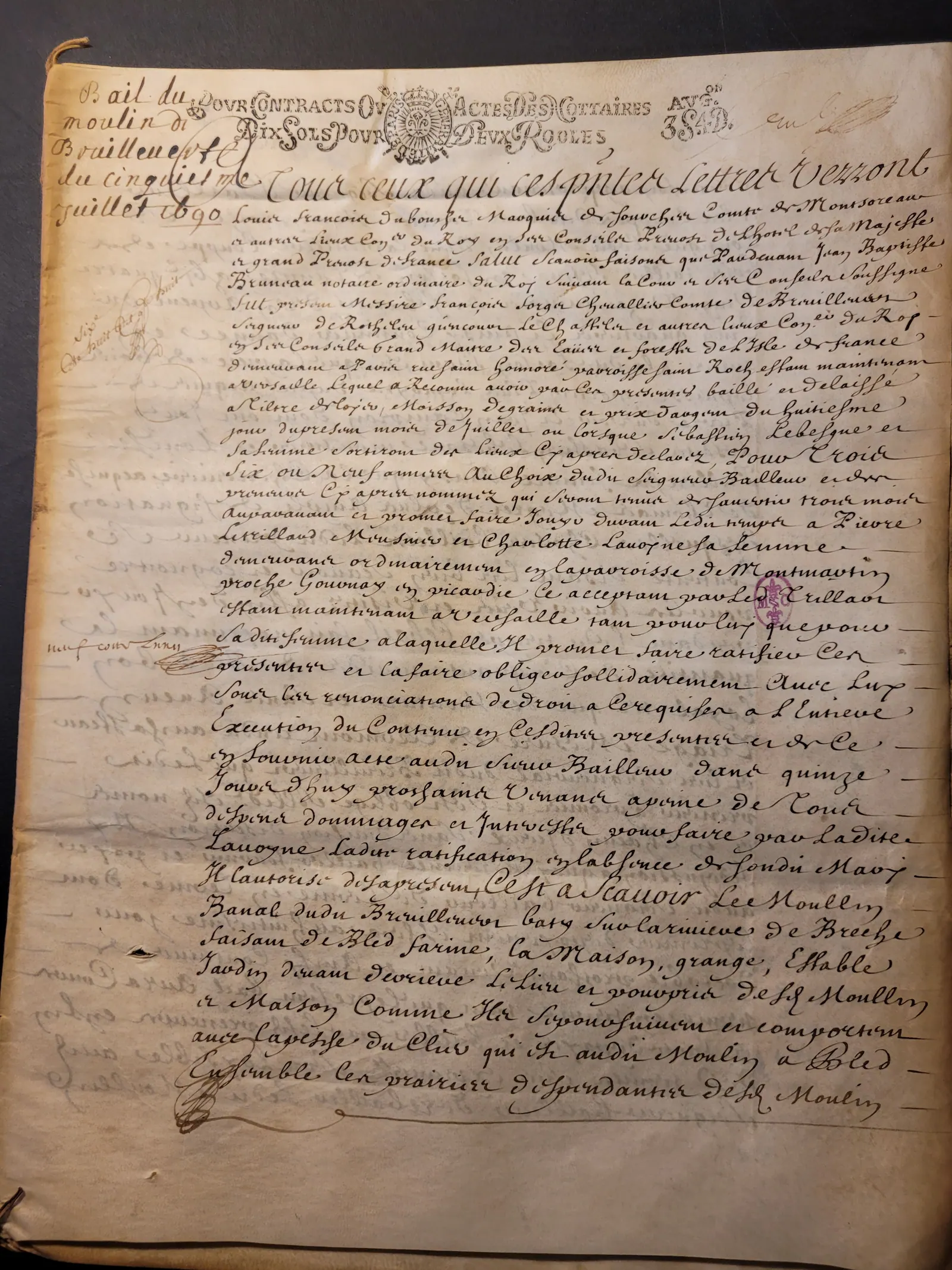Bail du moulin de Breuil-le-Vert, 5 juillet 1690