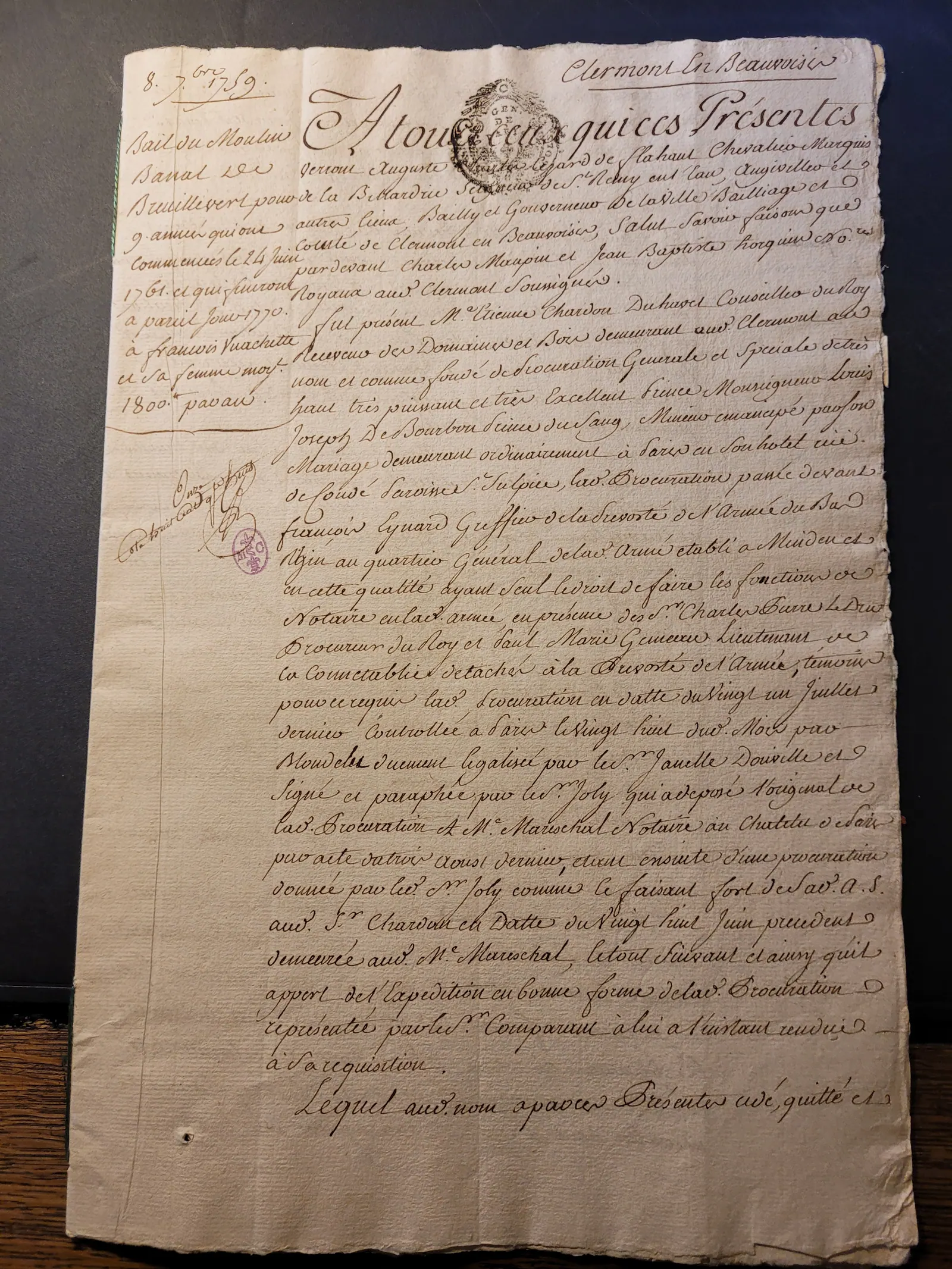 Bail du moulin de Breuil-le-Vert, 8 juillet 1759