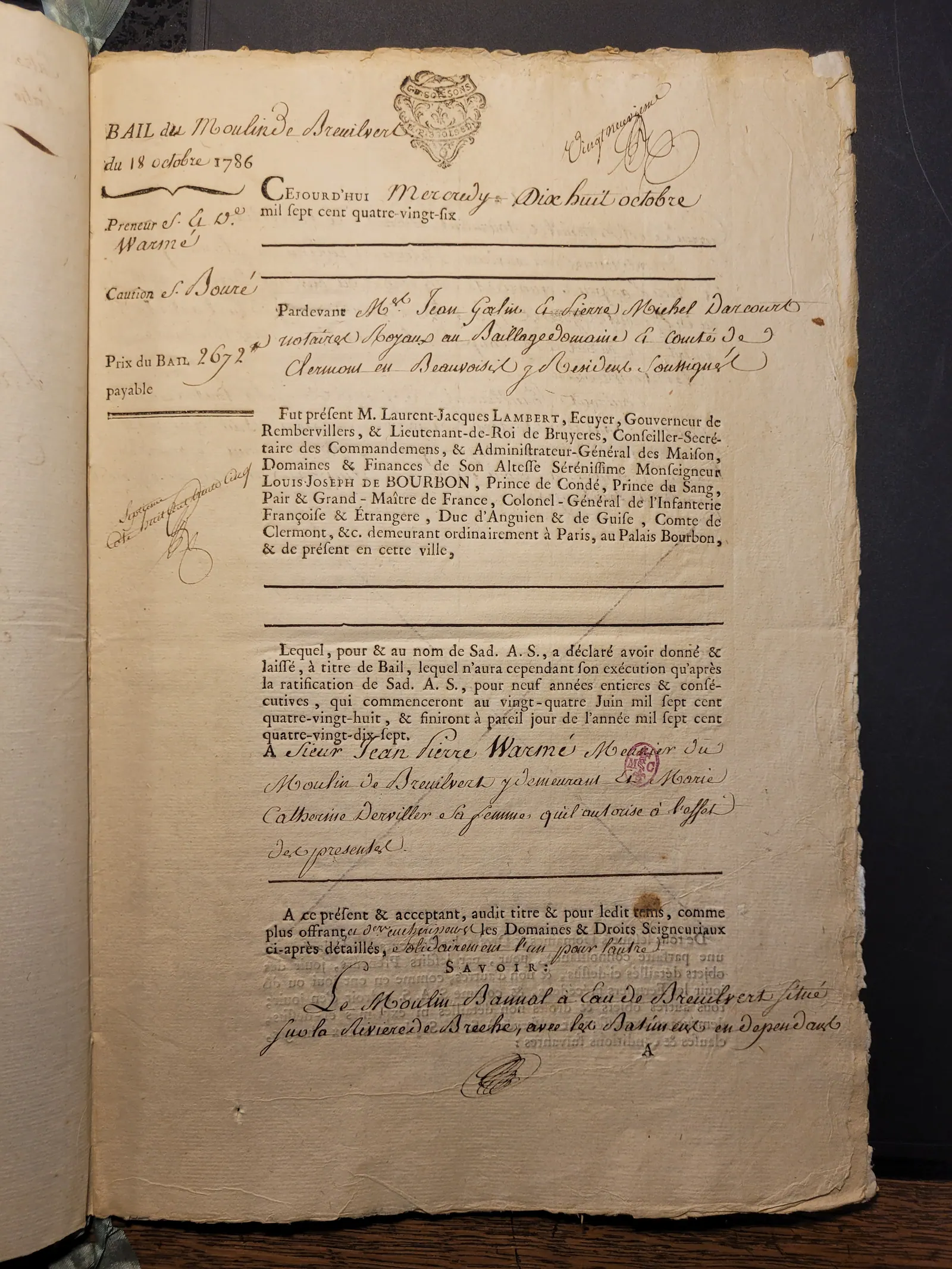 Bail du moulin de Breuil-le-Vert, 18 octobre 1786