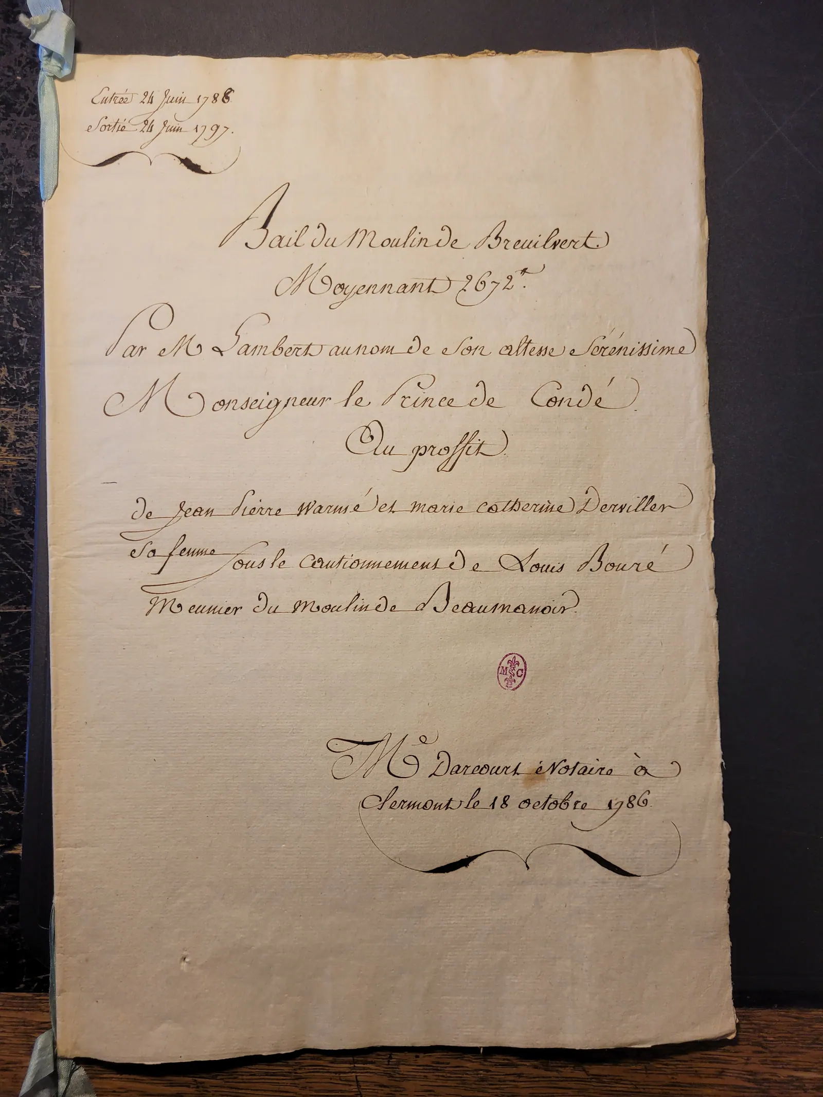 Bail du moulin de Breuil-le-Vert, 24 juin 1788